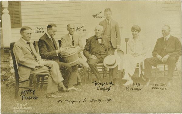 - 1924 Thomas Edison, Calvin Coolidge, Harvey Firestone and Henry
Ford Rare Real Photo Postcard