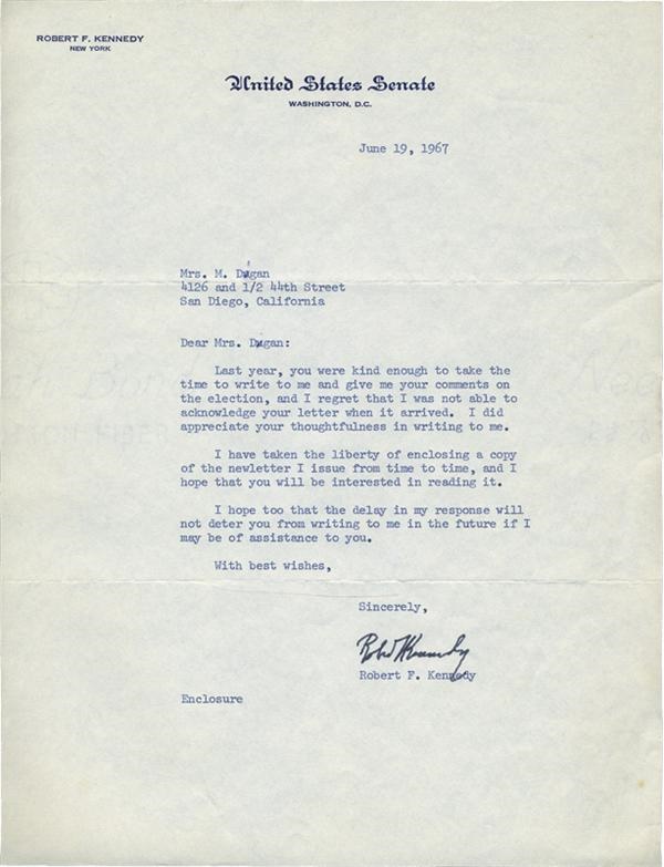 - 1967 Robert F. Kennedy Typed Letter