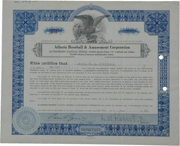 - 1930 Atlanta Crackers Stock Certificate