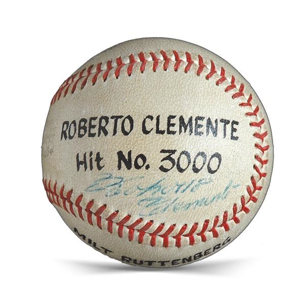 Roberto Clemente Single Signed First Pitch Baseball From His 3,000th Hit Game