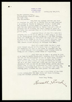 Ed Barrow - 1943 Russell Ford Signed Letter