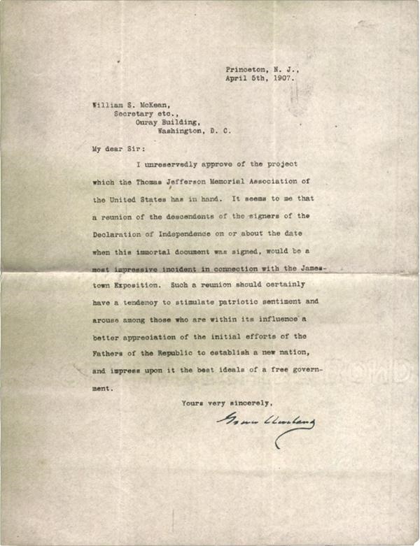 - President Grover Cleveland Signed Letter (1907)