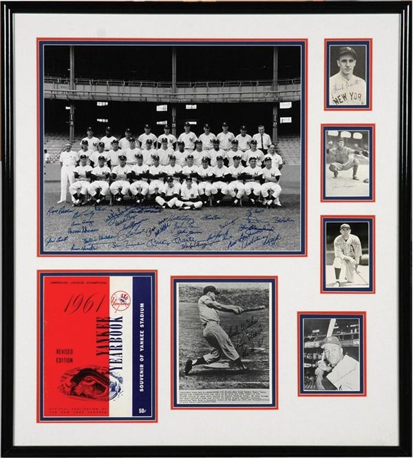 - 1961 New York Yankee Team Signed Display Including Mickey Mantle and Roger Maris (38 Signatures)