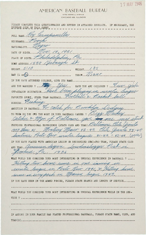 - 1946 Roy Campanella American Baseball Bureau Handwritten Questionnaire