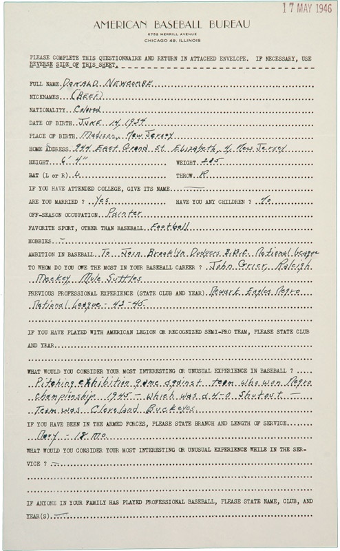 - 1946 Don Newcombe American Baseball Bureau Handwritten Questionnaire