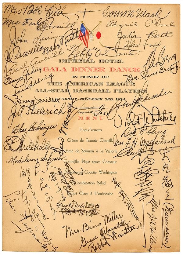 Baseball Autographs - 1934 Tour of Japan U.S. All Star Team Autographed Dinner Menu