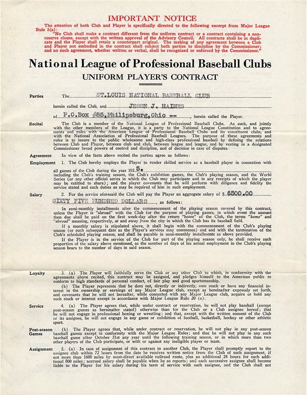 Baseball Autographs - 1935 Jesse Haines St. Louis Cardinals Signed Player's Contract