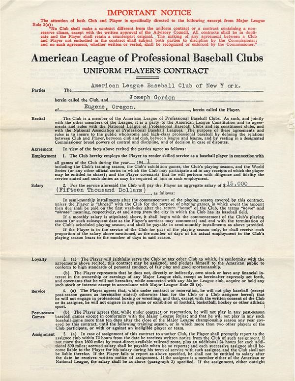 Baseball Autographs - 1941 Joe Gordon New York Yankees Signed Player's Contract