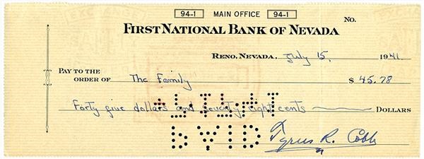 Baseball Autographs - Ty Cobb Check Signed Bank Check Made Out To His Family