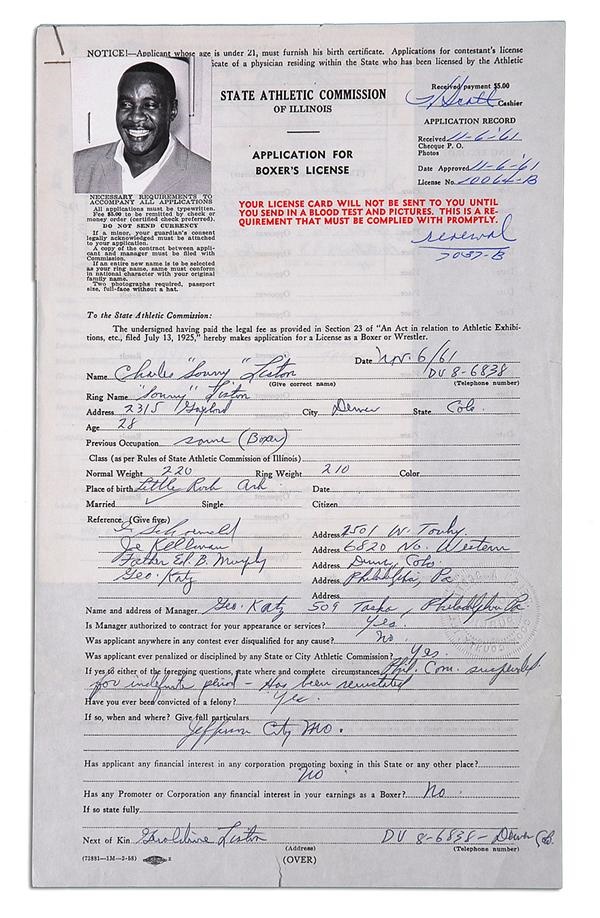 Muhammad Ali & Boxing - 1961 Sonny Liston Twice Signed Boxing License Application