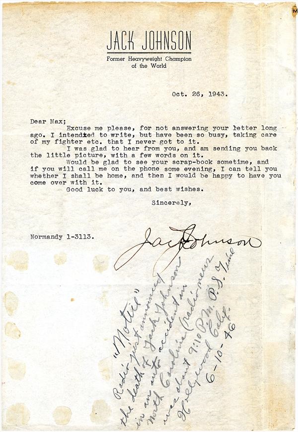 Muhammad Ali & Boxing - 1943 Jack Johnson Signed Letter