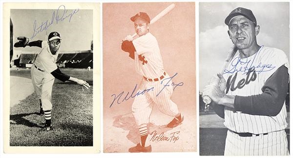 Baseball Autographs - Gil Hodges, Nelson Fox and Satchel Paige Signed Postcards