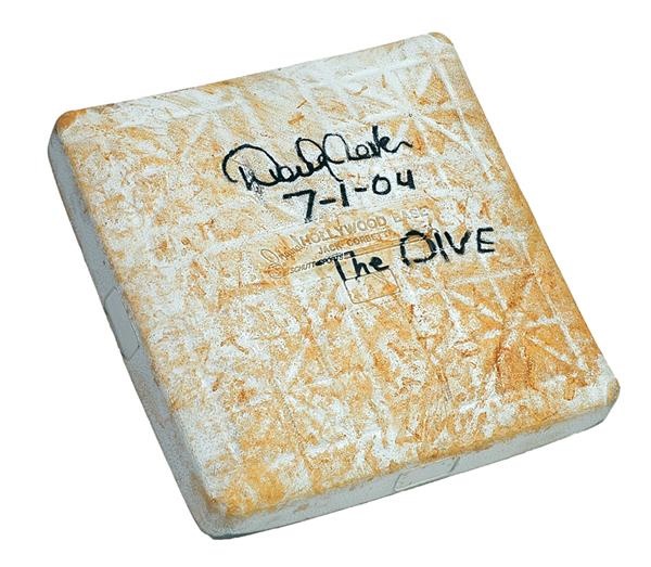 July 1, 2004 Derek Jeter Signed Game Used Base From "The Dive"  with Ticket Stub