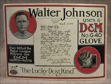 Memorabilia - 1924 Walter Johnson D&M Glove Advertising Sign (13x18")