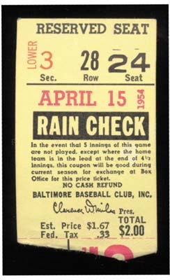 - 1954 First Baltimore Orioles Home Game Ticket Stub
