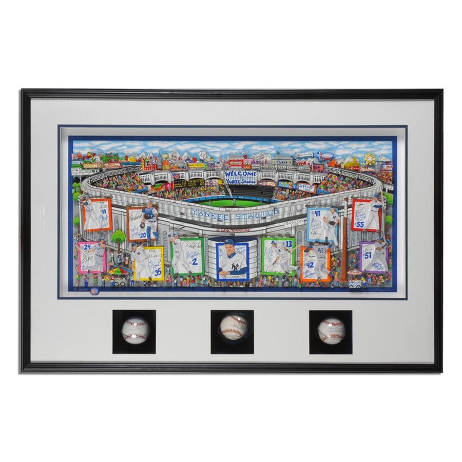 Sports Fine Art - "In A Yankee State of Mind" by Charles Fazzino Framed with Signed Baseballs