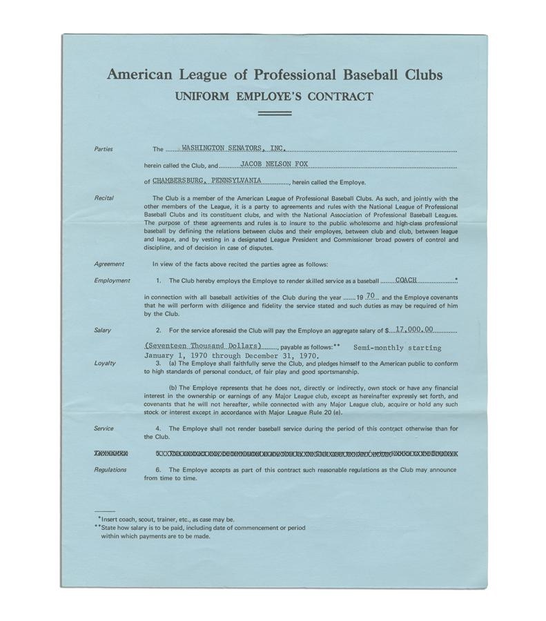 Baseball Autographs - 1970 Nellie Fox Washington Senators Signed Contract