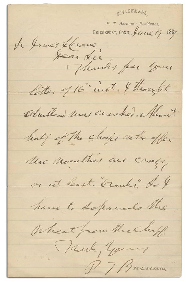 - P.T Barnum Hand Written and Signed Letter