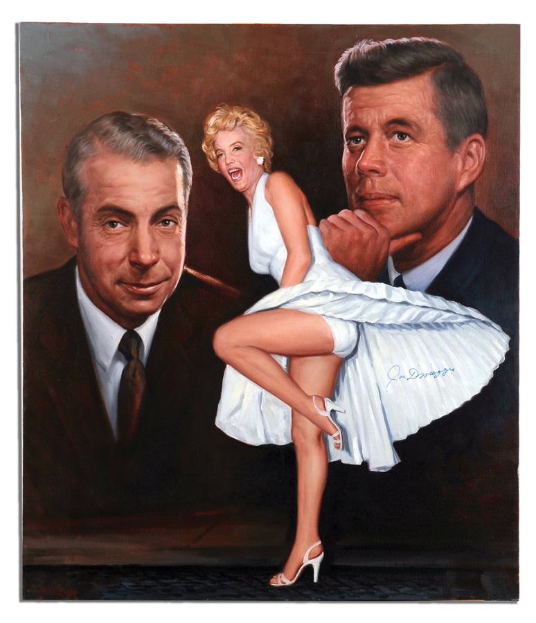 Sports Fine Art - Joe DiMaggio Signed Original Painting with Monroe and JFK