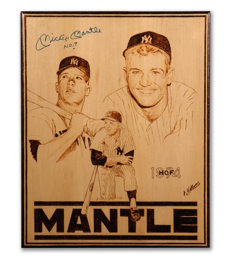 Sports Fine Art - Mickey Mantle Signed Original Woodburning