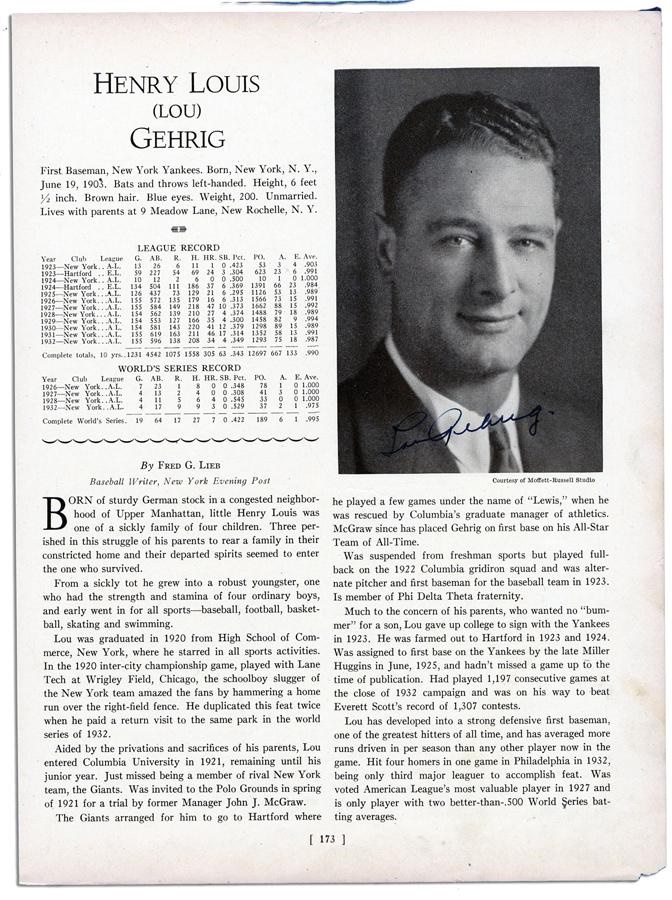 Baseball Autographs - 1933 Lou Gehrig Signed "Who's Who" Page