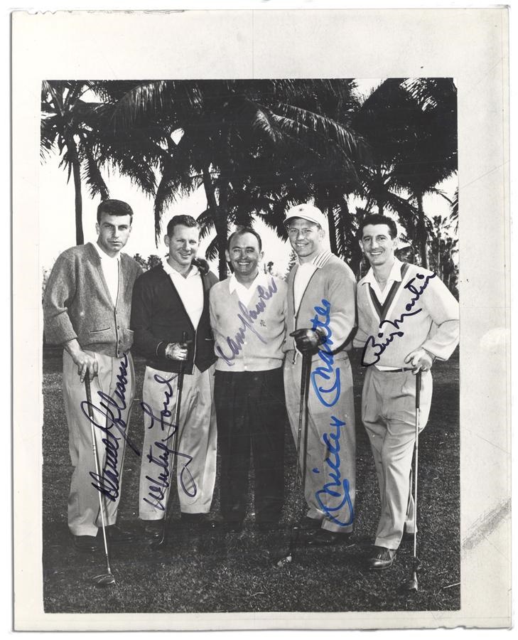 Baseball Autographs - Mickey Mantle Signed Golf Photo with Billy Martin and Whitey Ford