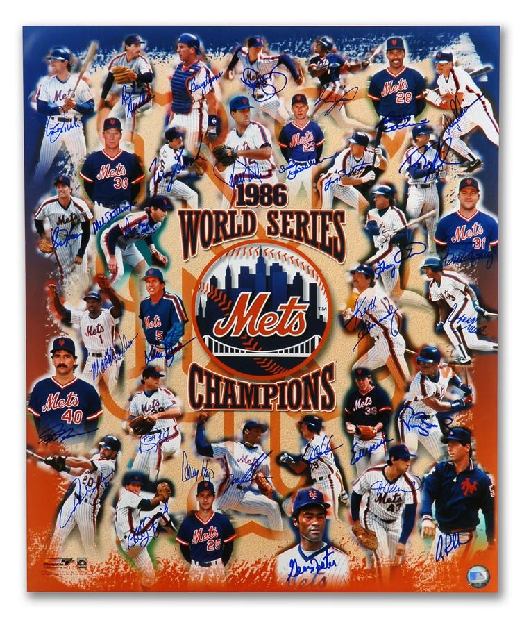 Baseball Autographs - 1986 New York Mets World Series Champions Signed Photo Poster (33 Signatures))