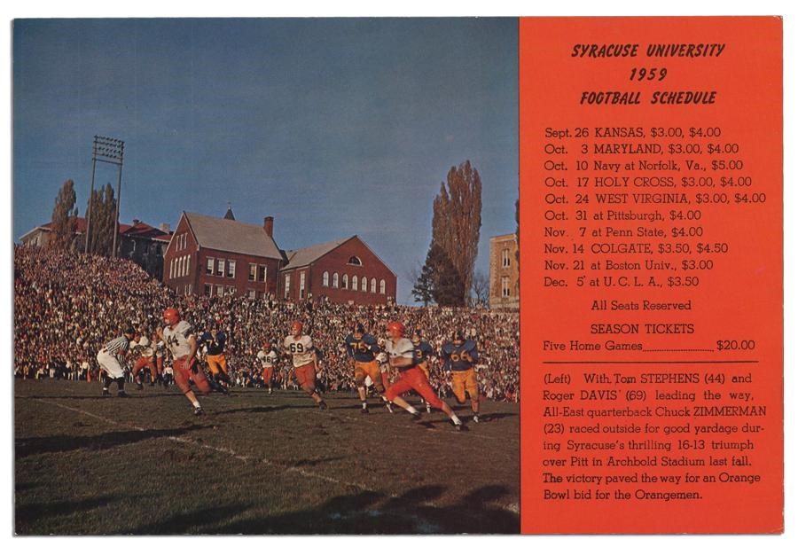 Ernie Davis ALS on a 1959 Syracuse Football Schedule Postcard