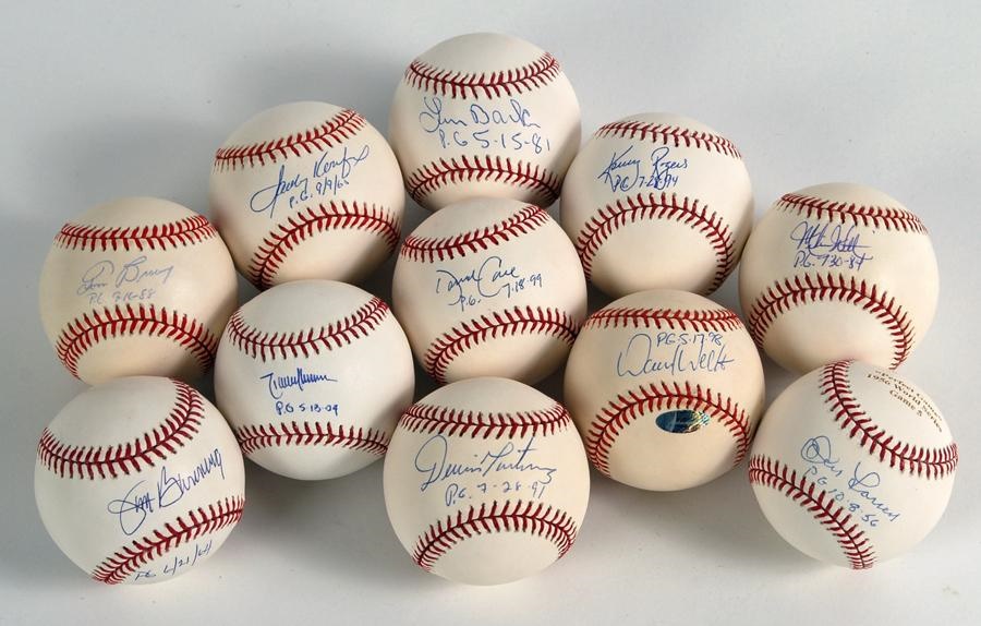 Baseball Autographs - 11 Single-Signed Perfect Game Baseballs with Date Inscriptions