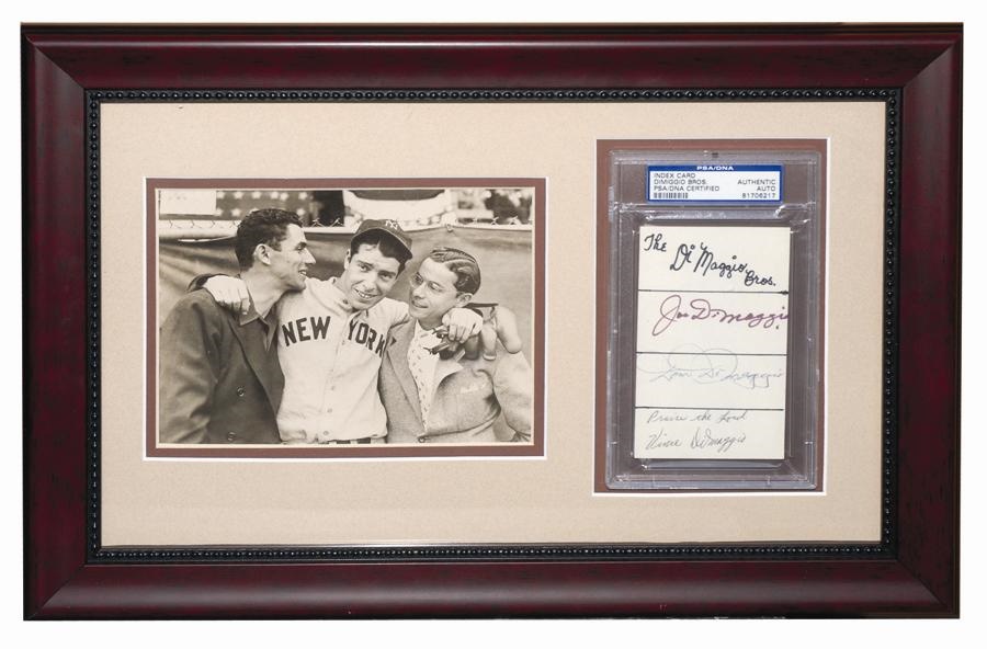 Baseball Autographs - DiMaggio Brothers Framed Signed Sheet with Original Wire Photo