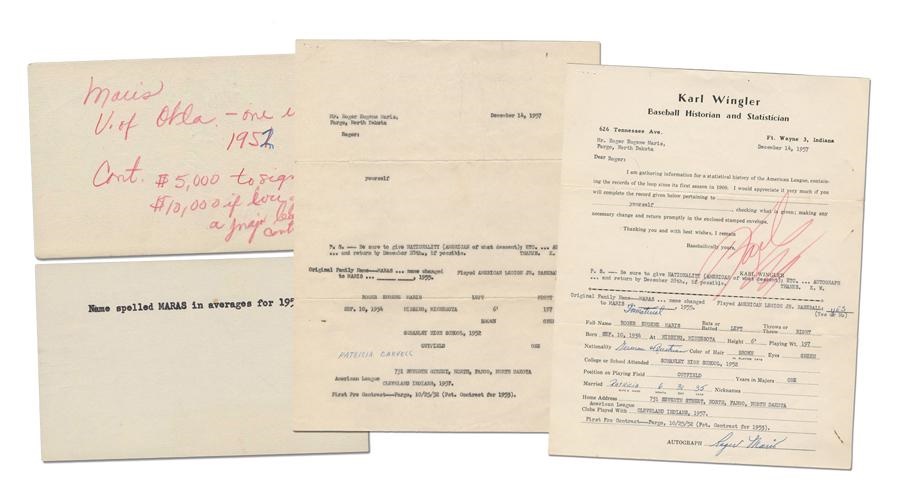 Baseball Autographs - Roger Maris Signed Baseball Questionnaire from Baseball Historian Karl Wingler