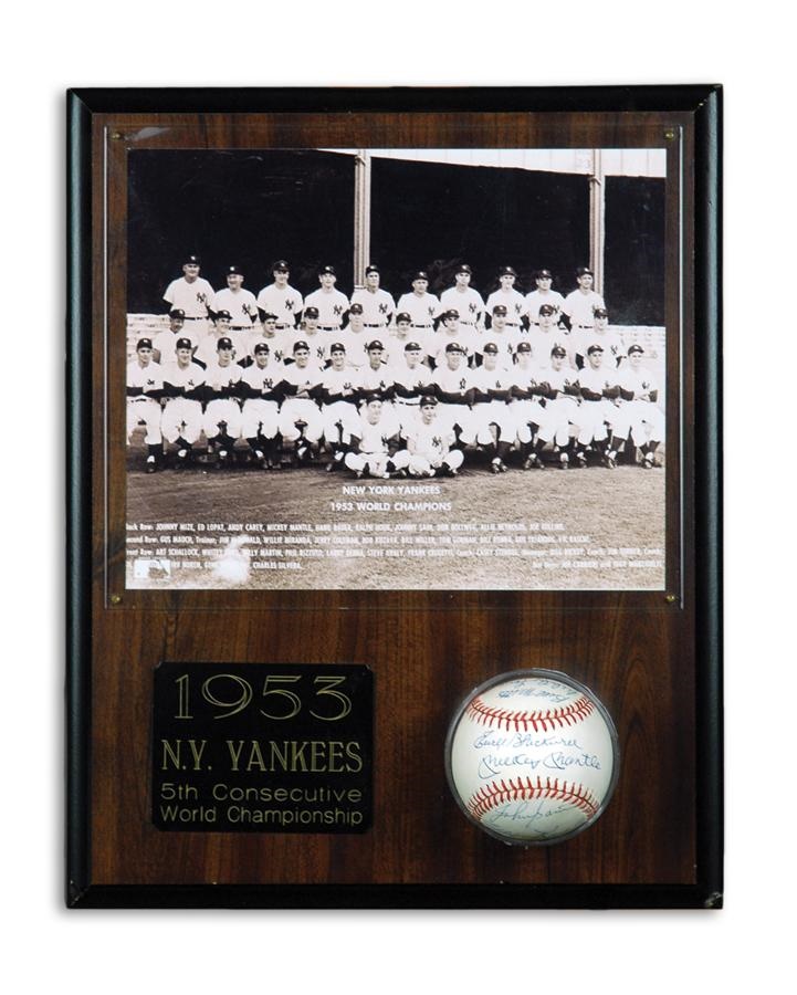 Baseball Autographs - 1953 New York Yankees Team Signed Baseball on Plaque with Photo