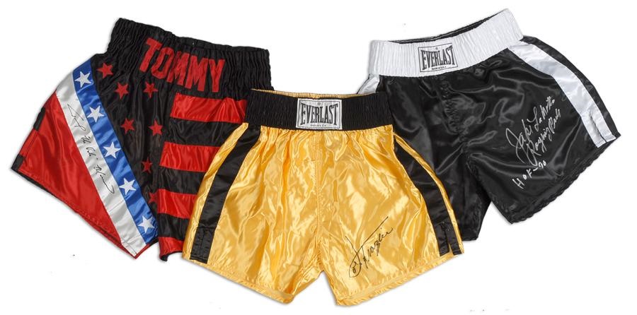 Muhammad Ali & Boxing - Tommy Morrison Signed Fight Worn Trunks and Frazier and Lamatta Signed Trunks