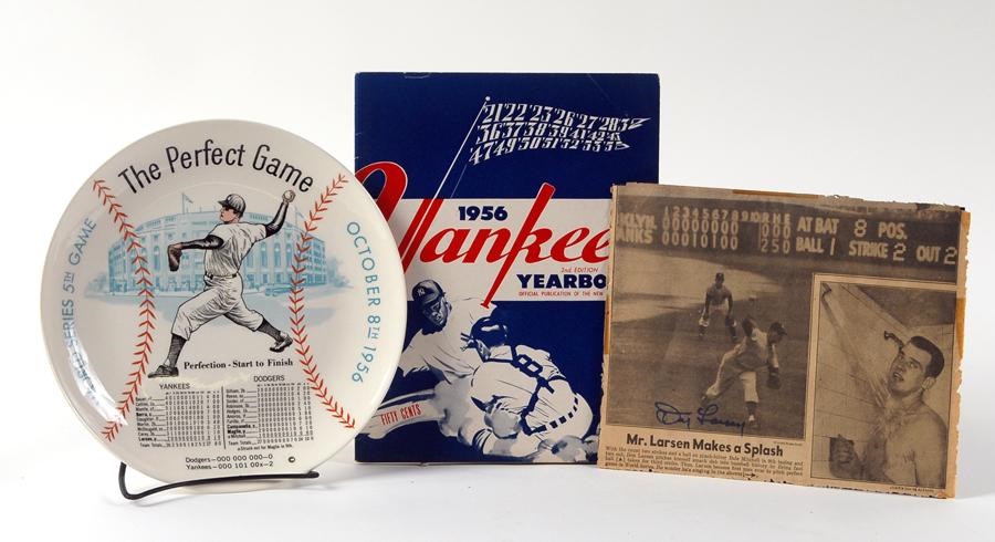 Baseball Autographs - Don Larsen Perfect Game Collectible Plate, Signed Photo and 1956 Yankees Yearbook