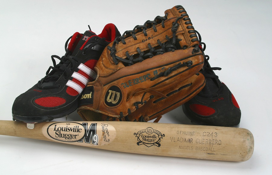 Baseball Equipment - Vladimir Guerrero Game Used Bat, Spikes and Glove