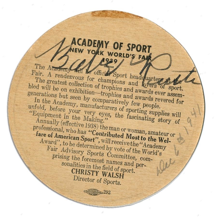 Baseball Autographs - Babe Ruth Signed 1939 New York World's Fair Coaster