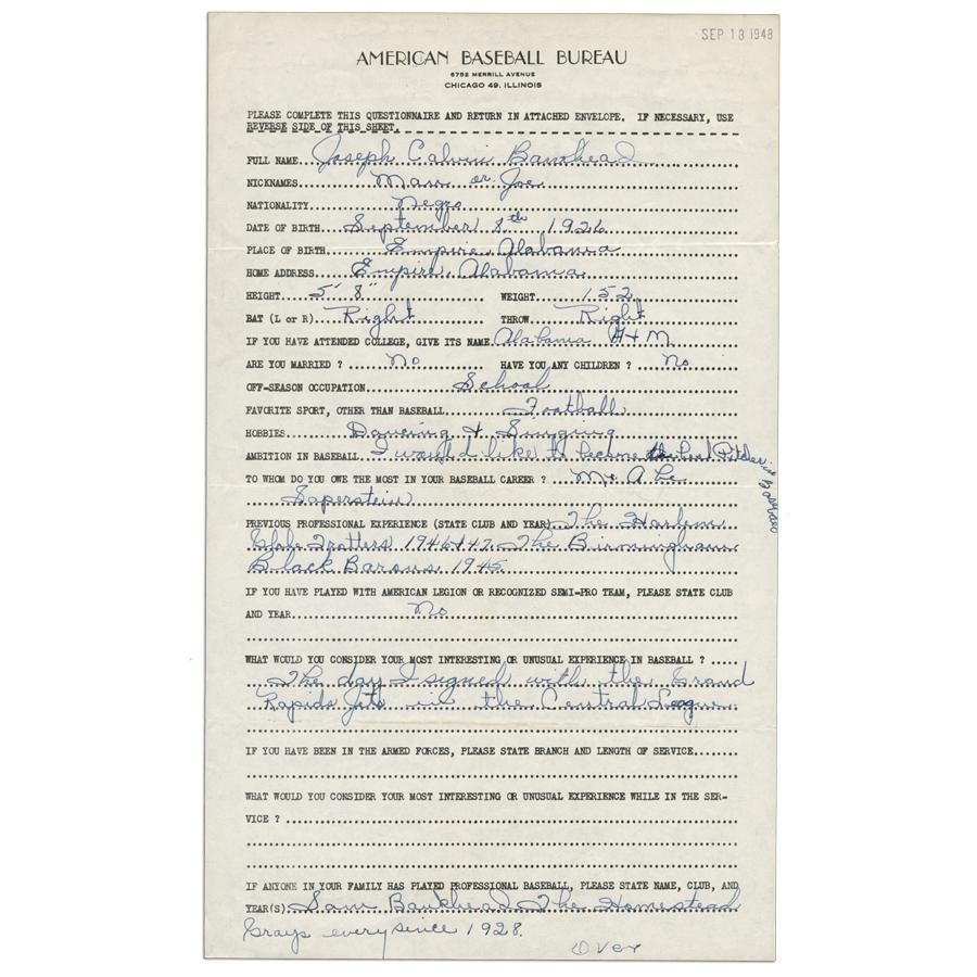 Baseball Autographs - 1948 Joe Bankhead Negro League Questionnaire
