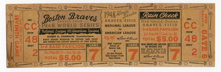 1948 Boston Braves World Series Full Ticket