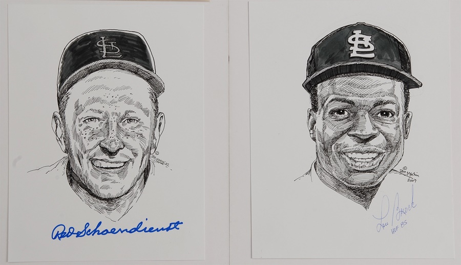 Sports Fine Art - Original Signed Drawing of Red Schoendienst and Lou Brock by Dan Martin