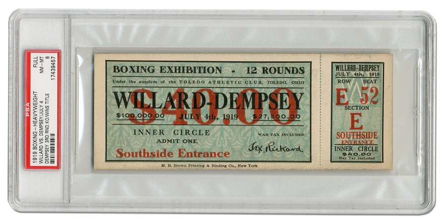 Muhammad Ali & Boxing - 1919 Jess Willard vs. Jack Dempsey Full Ticket (PSA 8-Highest Graded)
