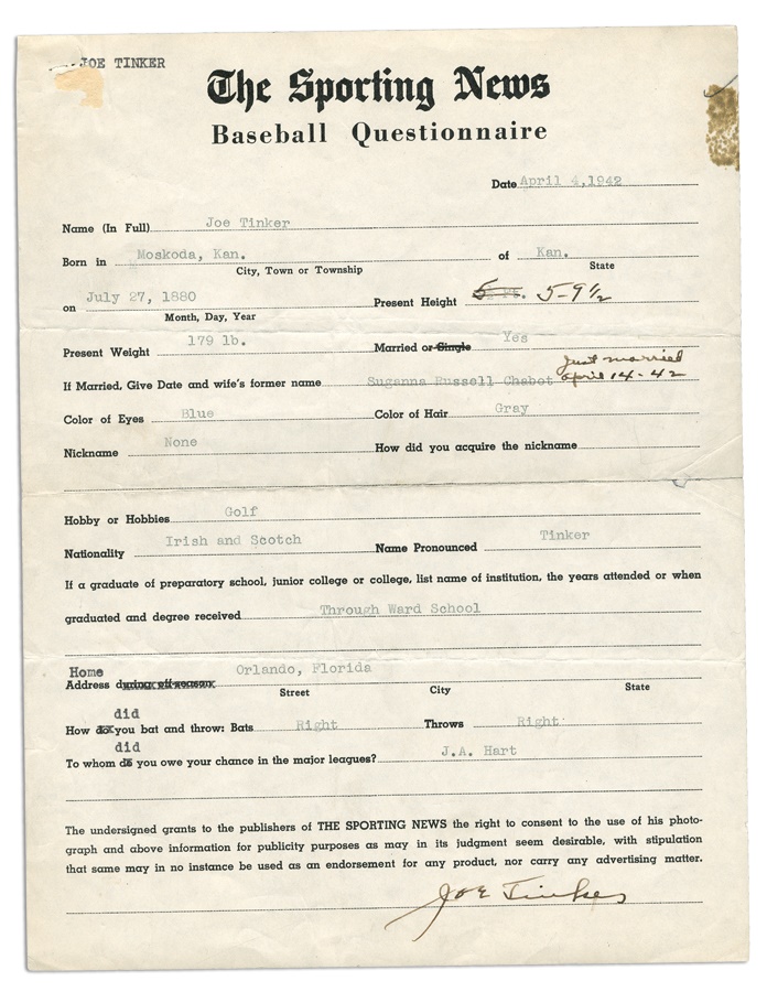 Baseball Autographs - Joe Tinker Signed Baseball Questionnaire