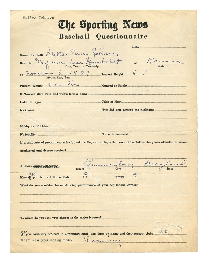 Baseball Autographs - Walter Perry Johnson Signed Baseball Questionnaire
