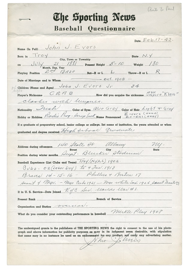 Baseball Autographs - John Evers Signed Baseball Questionnaire with Merkle Play Comment