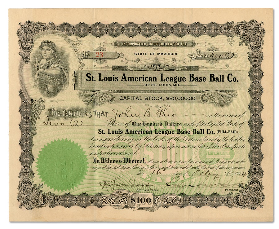 - 1911 St. Louis American League Base-Ball Co. Stock Certificate