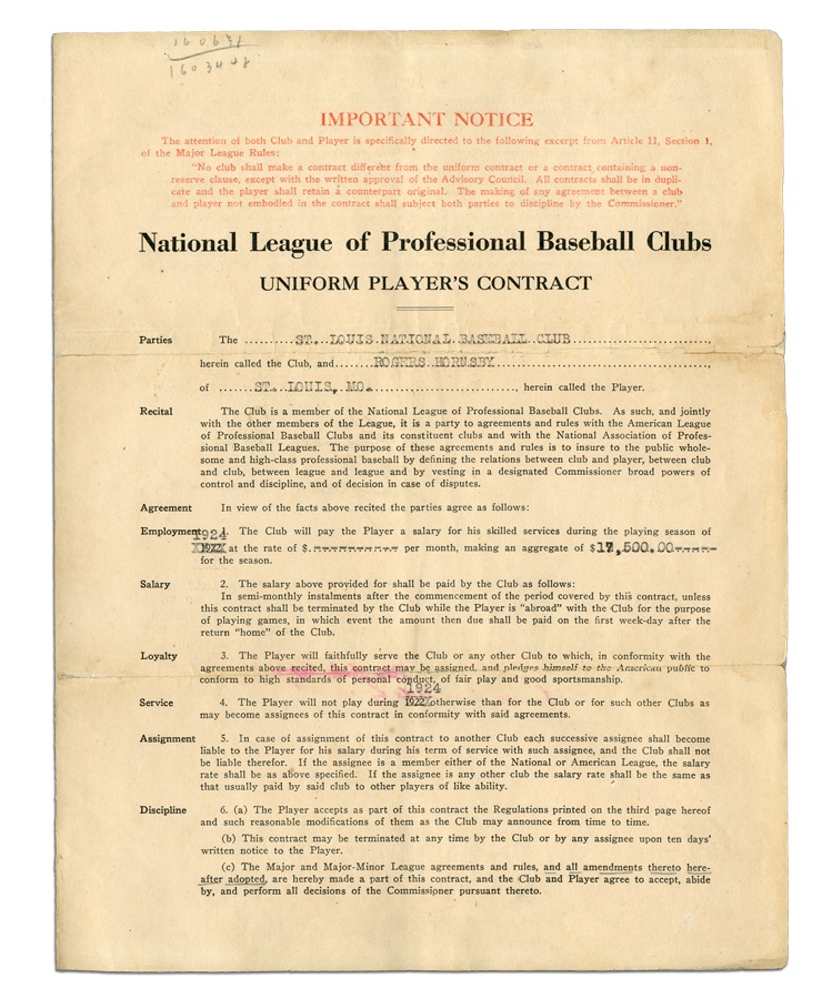 Baseball Autographs - 1924 Rogers Hornsby Player Contract