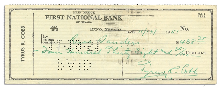 Baseball Autographs - 1951 Ty Cobb Signed Bank Check