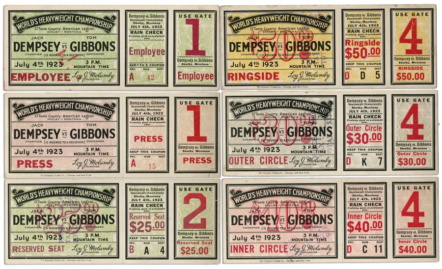 The Harlem Collection - 1923 Dempsey vs. Gibbons Boxing Full Tickets (6 different)