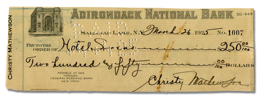 Baseball Autographs - 1925 Christy Mathewson Signed Bank Check