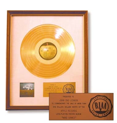 The Beatles John Lennon Mind Games Gold Record Award Framed.