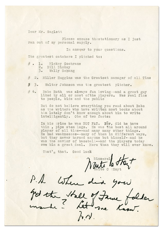 Baseball Autographs - "Babe Ruth Was Not Fat" Waite Hoyt Letter